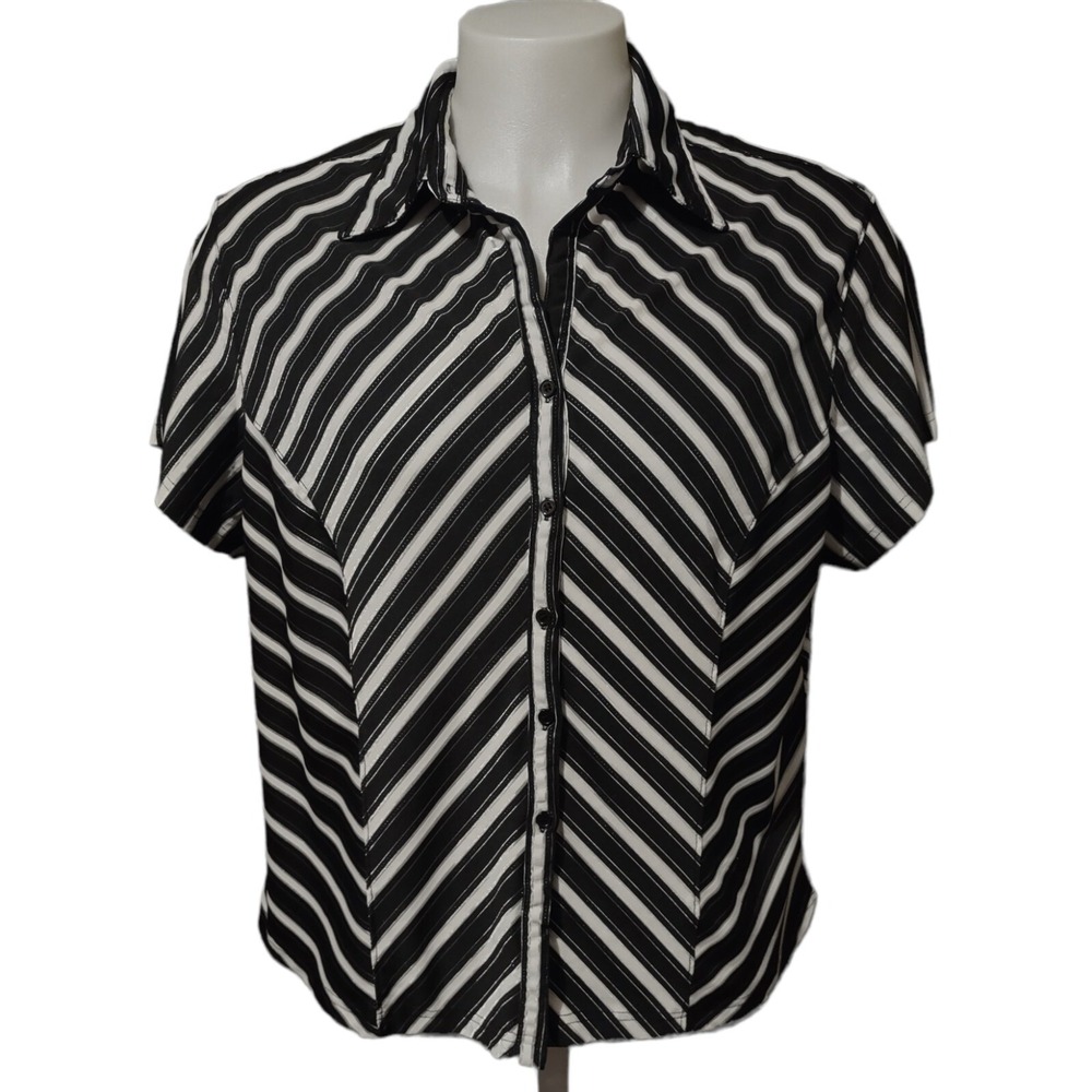 Jennifer Lauren Blouse 3X Womens Y2K Retro Bold Black White Stripe Button Up Top